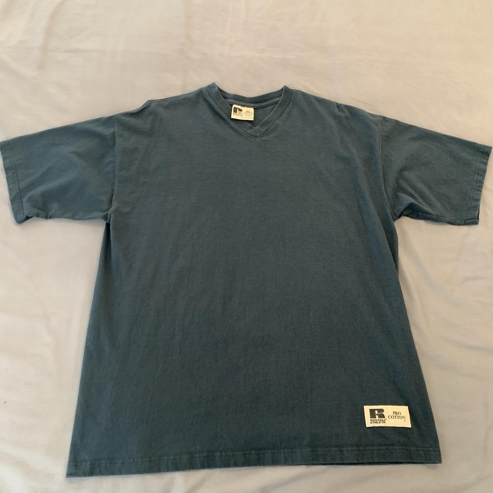 Vintage Russell Athletic Shirt Mens Large Blue Pro Cotton V Neck Tee T-Shirt